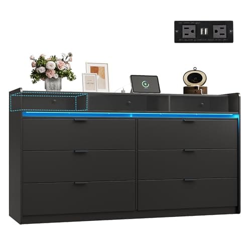 WLIVE 9 Drawer Led Dresser for Bedroom, 58.35'' Black Wood Dresser Storage Organizer with Power Outlets for 65'' TV, Dressers with Open Shelves, Chest of Drawers for Closet, Living Room - Image 1