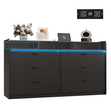 WLIVE 9 Drawer Led Dresser for Bedroom, 58.35'' Black Wood Dresser Storage Organizer with Power Outlets for 65'' TV, Dressers with Open Shelves, Chest of Drawers for Closet, Living Room - Image 1