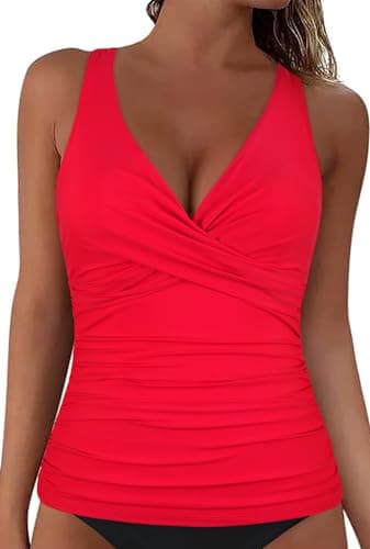 Hilor Women's Plus Size Underwire Bathing Suits Red Tummy Control Tankini Top Modest Push Up Swimsuit Top 18 - Image 2
