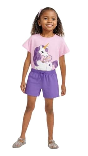 HILEELANG Toddler Girl Summer Short Sets Outfits Cotton Casual Pink Unicorn Top Tee Shirts Purple Shorts Clothing Sets 3T - Image 1