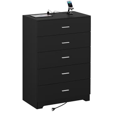 GEPELCN Dresser for Bedroom with Power Outlets Wood 5 Drawer Dresser with Large Storage Space Black Chest of Drawers with Smooth Metal Rail Tall Storage Organizer for Bedroom Living Room Closet - Image 4