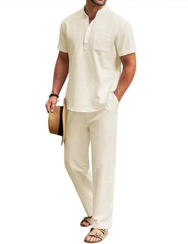 COOFANDY Men's 2 Pieces Cotton Linen Set Short Sleeve Hippie Henley T Shirts Casual Beach Pants With Pockets Summer Yoga Set - Image 1