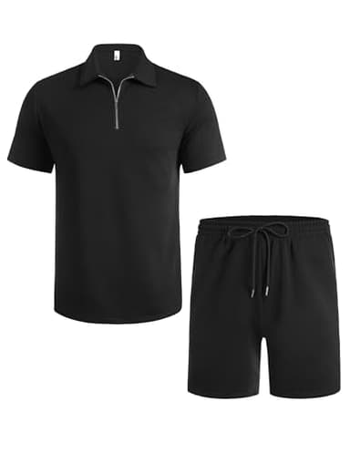 COOFANDY Mens Tracksuit Casual 2 Piece Quarter Zip Polo Shirt and Shorts Set Athletic Jogging Sports Black - Image 6