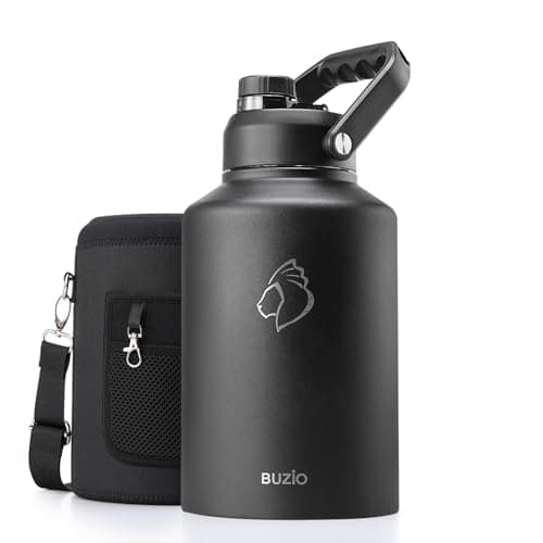 BUZIO 1 Gallon Water Bottle Insulated, (Cold for 48 Hrs) 3.58in Big Wide Mouth Leak Proof, 128oz Large Water Jug Stainless Steel Metal Flask with Handle for Camping,Outdoor Work,Travel,Hiking, Black - Image 1