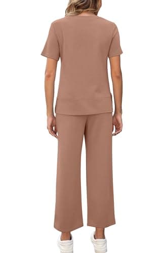 XIEERDUO Woman Lounge Sets Casual Summer Two Piece Travel Outfits Spring Fashion Short Sleeve Tracksuit Wide Leg Loungewear Beach Vacation Clothes Airport Clothing Women's Resort Wear Brown S - Image 5