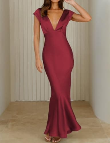 Halfisland Womens Summer Satin V Neck Cap Sleeve Backless Maxi Dress Elegant Twist Cut Out Midi Dresses Wedding Guest Burgundy - Image 4