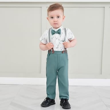 SOLOYEE Baby Boy Clothes Suits 6-9 Months Infant Wedding Formal Gentleman Outfits, Short Sleeve Shirt+Bowtie+Beret+Suspender Pants Clothing Set - Image 3