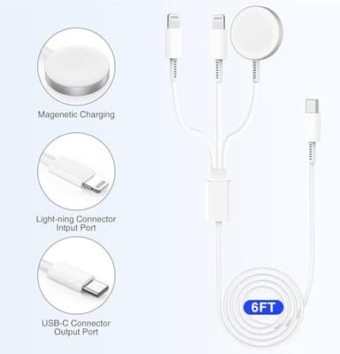 Essri Upgraded USB C Charger for Watch, 3 in 1 Phone and iWatch Magnetic Fast Charging Cable 6FT, Compatible with Watch Series 8 7 6 SE 5 4, for iPhone 14 13 12 11 Pro White - Image 5