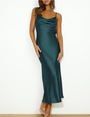Summer Satin Spaghetti Strap Cowl Neck Backless Midi Dresses for Women Elegant Tie Low Back Ruched Cocktail Dress Deep Green - Image 4