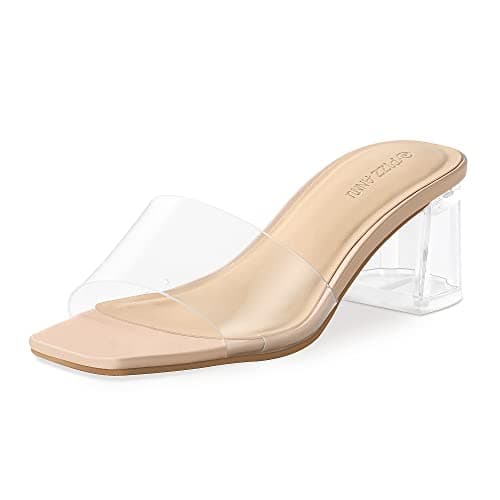 PIZZ ANNU Women's Clear Heels Sandals Transparent Open Toe Mules Chunky Slip on Heeled Slipper Dress Shoes Slide Sandal,Clear Nude 9.5 - Image 1