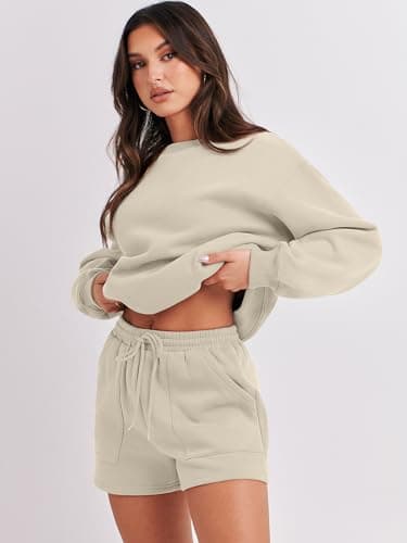 ANRABESS Women 2 Piece Outfits Sweat Shorts Sets 2025 Oversized Casual Lounge Matching Set Sweatsuit Tracksuit Fall Clothes Almond Large - Image 8