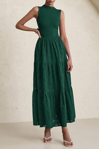 PRETTYGARDEN Summer Dresses for Women 2025 Casual Eyelet Sleeveless Wedding Guest Maxi Dress Tank Top Sundress with Pockets (Dark Green,Large) - Image 4