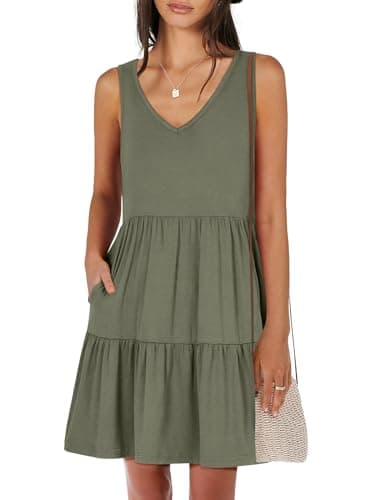 ANRABESS Womens Summer Casual Tank Dress Sleeveless V Neck T Shirt Sundress Flowy Tiered Swing Mini Beach Vacation Dresses Olive Green Medium - Image 1