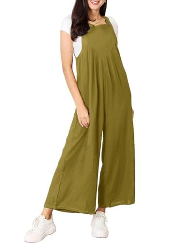 Dokotoo Womens Overalls Guacamole Green Jumpsuits for Women Casual Loose Fit Solid Color Wide Leg One Piece Sleeveless Jumpsuit Adjustable Straps Long Pant Rompers with Pockets Medium - Image 2