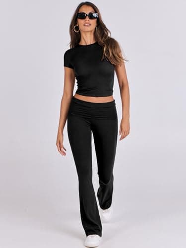 ANRABESS Lounge Sets for Women 2 Piece Foldover Yoga Flare Leggings Pants Crop Tops Casual Y2K Outfits Matching Tracksuit Set Black Small - Image 9