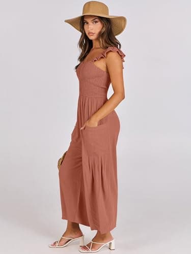 ANRABESS Women Summer Casual Dressy Sleeveless Smocked Wide Leg Linen Jumpsuits Rompers 2025 Trendy Travel Outfit Pocket Rust Medium - Image 3