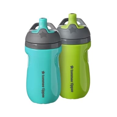 Tommee Tippee Insulated 9oz Sporty Spout Toddler Water Bottle, No Spill, Sippy Cups for Toddlers 1-3, Two-Piece Valve Helps Stop Spills, Green & Teal, BPA Free, Pack of 2 - Image 1