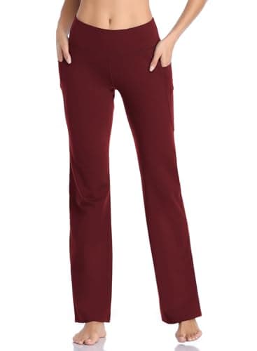 HISKYWIN Side Pockets Yoga Pants 4 Way Stretch Tummy Control Workout Running Pants, Long Bootleg Flare Pants HF201-Burgundy-S - Image 2
