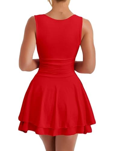 Kaximil Women's Square Neck Ruffle Hem Mini Dress Ruched Waist Short Party Dresses, Medium, Red - Image 2