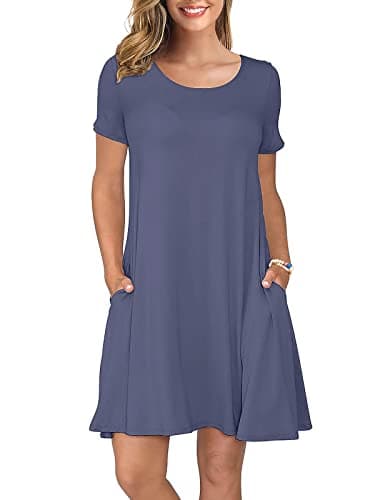 KORSIS Summer Dresses for Women Purple Gray Small Casual T Shirt Dress Short Sleeve Swing Flowy Ladies Beach Vacation Sundress with Pockets - Image 1