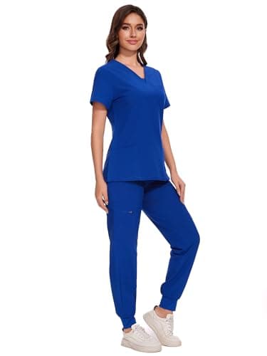 COZYFIT Scrubs for Women - V-Neck Top & Cargo Pants Scrubs Set with 10 Pockets - Royal Blue, 3XL, Tall - Image 3