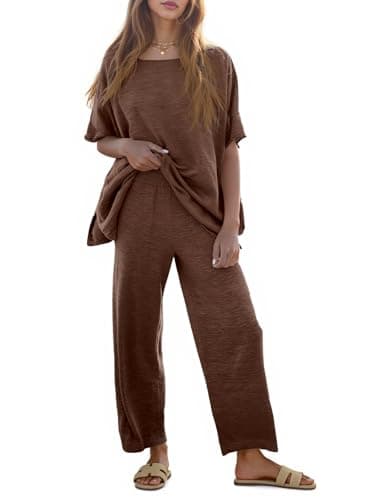 Tankaneo Women's 2 Piece Travel Outfits Casual Short Sleeve Knit Sweater Set Wide Leg Pants Lounge Sets Tracksuit - Image 1