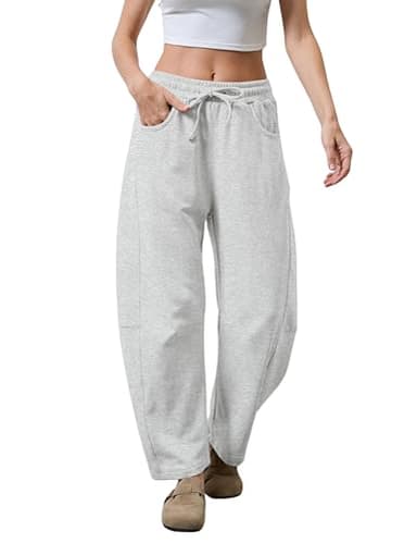 SeekMe Women's Barrel Leg Sweatpant Drawstring Elastic Waisted Wide Leg Pants Casual Cotton Palazzo Trousers with Pockets (0009-White-S) - Image 2
