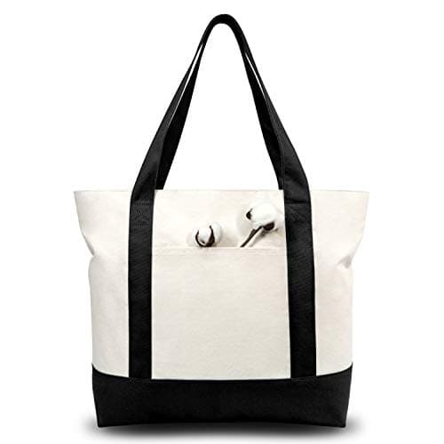 TOPDesign 30-Pack Canvas Tote Bags with an External Pocket, Reusable Grocery Shopping Bags, Top Zipper Closure, Daily Essentials (Black/Natural) - Image 1