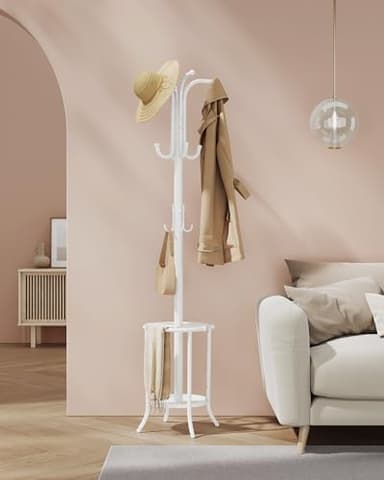 SONGMICS Coat Rack Freestanding, Coat Rack with Umbrella Holder with 12 Hooks, for Entryway, Hallway, Living Room, Bedroom, Pearl White URCR011W01 - Image 7