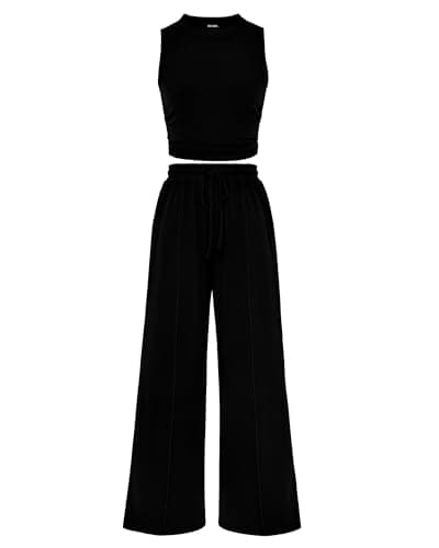 BTFBM Women Summer 2 Piece Outfits 2025 Beach Crew Neck Sleeveless Cropped Top Elastic Waist Wide Leg Pants Lounge Set(Black, Medium) - Image 1