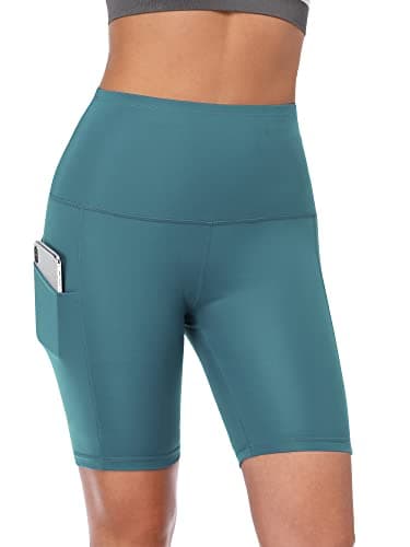 CADMUS Women's High Waist Spandex Yoga Shorts for Bike Running Two Side Pockets,10,Black & Grey & Turquoise,Large - Image 3