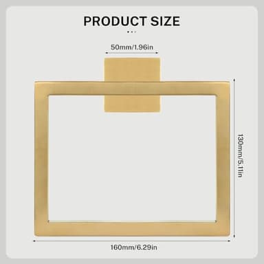 2-Piece Brushed Gold Towel Ring,Square Hand Towel Holder,Stainless Steel Modern Towel Holder Wall-Mounted Bathroom Towel Ring Towel Rack - Image 6