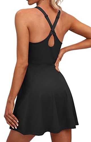 IUGA Womens Tennis Dress Built in Shorts & Bra Adjustable Straps Exercise Workout Dress with Pockets Golf Athletic Dresses Black - Image 1