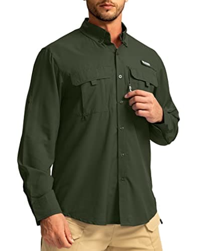 Men's Sun Protection Fishing Shirts Long Sleeve Travel Work Shirts for Men UPF50+ Button Down Shirts with Zipper Pockets(Olive Large) - Image 1