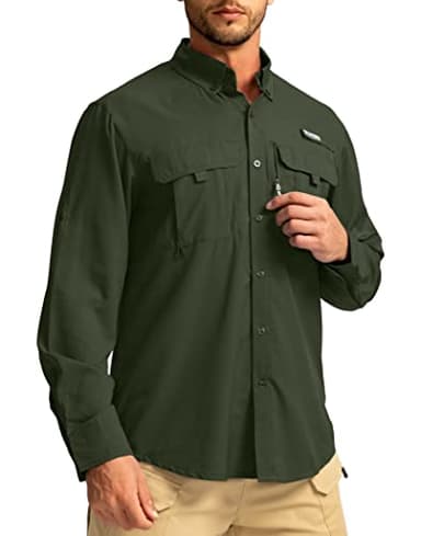 Men's Sun Protection Fishing Shirts Long Sleeve Travel Work Shirts for Men UPF50+ Button Down Shirts with Zipper Pockets(Olive Large) - Image 1