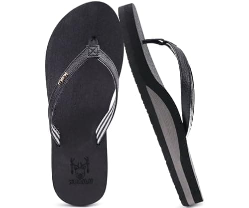 KuaiLu Womens Arch Support Flip Flops Comfortable Yoga Mat Slip on Leather Walking Thong Cushion Sandals Summer Beach Orthotic Slides Travel Essentials Indoor Outdoor Slippers Shoes Black Size 10 - Image 1