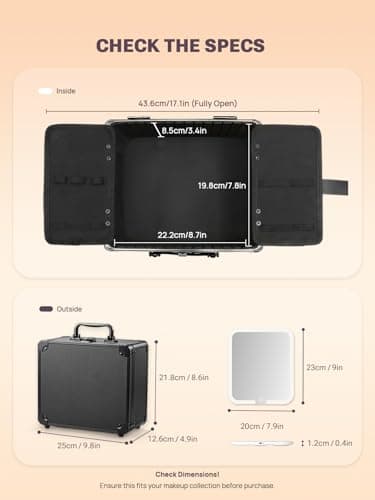 Qislee Makeup Box with A Detachable Lighted Mirror, Waterproof Travel Train Case, Cosmetic Organizer and Makeup Suitcase with Adjustable Dividers, Magnetic LED Mirror (Black) - Image 3