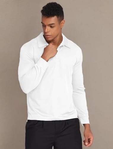 Deyeek Men's Long Sleeve Golf Shirts Breathable Casual Collared Polo Lightweight Quick Dry Tactical Outdoor Shirts White - Image 6