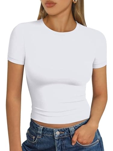 Trendy Queen Womens Basic T-Shirts Scoop Neck Short Sleeve Crop Tops Cute Summer Tops Slim Fit Tees Y2k Clothing 2024 White L - Image 1