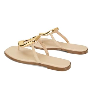 Wnshonzy Flip-Flops for Women Thong Sandals Flat Nude Slip on Slides Leather Beach Comfort Open Square Toe Ladies Slipper Dressy Metal Hardware Decoration Summer Shoes Casual Fashion - Image 7