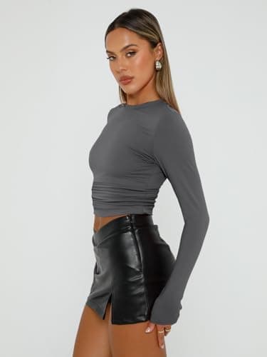 AUTOMET 3 Pack Womens Long Sleeve T Shirts Fall Fashion Basic Going Out Crop Tops Slim Fitted Winter Clothes 2025 Black White Gray S - Image 3