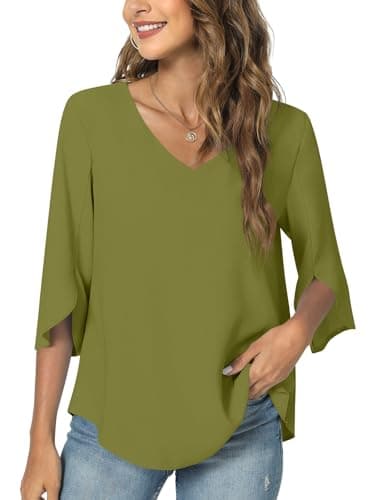 TAOHUADAO Womens 2025 Summer 3/4 Sleeve Tunic Tops Plus Size Chiffon Work Blouse V-Neck Dressy Casual Shirt X-Large, Grass Green - Image 2