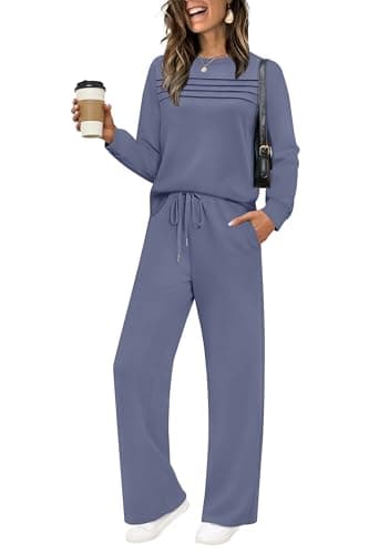 WIHOLL Women's 2 Piece Outfits Casual Fall Long Sleeve Travel Airport Lounge Set Fashion Loungewear Wide Leg Tracksuit Winter Jumpsuit for Women Blue L - Image 1