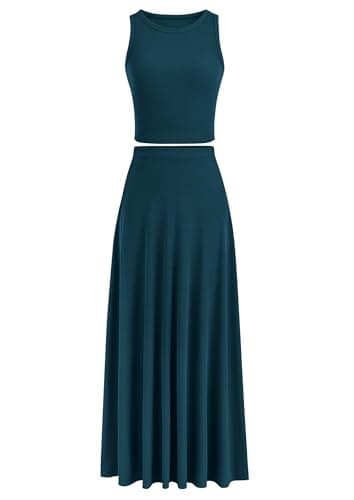 PRETTYGARDEN Women's 2 Piece Maxi Skirt Sets Casual Summer Knit Cropped Tank Top High Waisted Long Skirts Outfit (Lake Blue,Medium) - Image 1