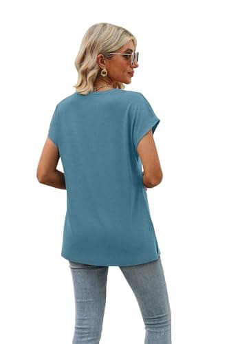 Womens Cap Sleeve Summer Tops Trendy Tank Tops V Neck Loose Fit Shirts Blue Green M - Image 4