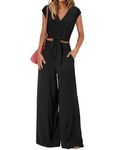 PRETTYGARDEN Women's Summer 2 Piece Outfits 2025 Cap Sleeve V Neck Belted Crop Tops Wide Leg Pant Sets Casual Tracksuit(Solid Black,Large) - Image 1