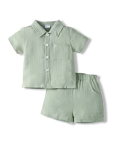 Renotemy Little Boy Clothes 4T Toddler Summer Cotton Linen Shorts Sets Baby Button Down Shirt Top Short Pants Kids Clothing 4+ Year old Boys Outfits 5T Pea Green - Image 1