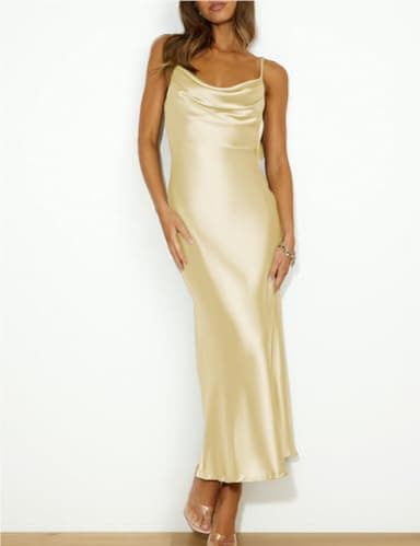 Mogidol Summer Satin Spaghetti Strap Cowl Neck Backless Midi Dresses for Women Elegant Tie Low Back Ruched Cocktail Dress Yellow - Image 4
