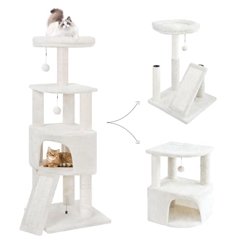 HUITREE 45in Cat Tree Tower with Big Condo for Indoor Kitten,Cat Tower with Scratching Post,Scratching Board and Cat Toys,Multi-Level,Small Space,Transformer Cat Tree, Beige(New) - Image 1