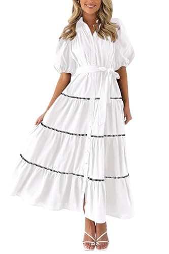 PRETTYGARDEN Women's Summer Button Down Shirt Dress Short Puffy Sleeve Tiered Ruffle Flowy Long Maxi Dresses (White,Medium) - Image 1